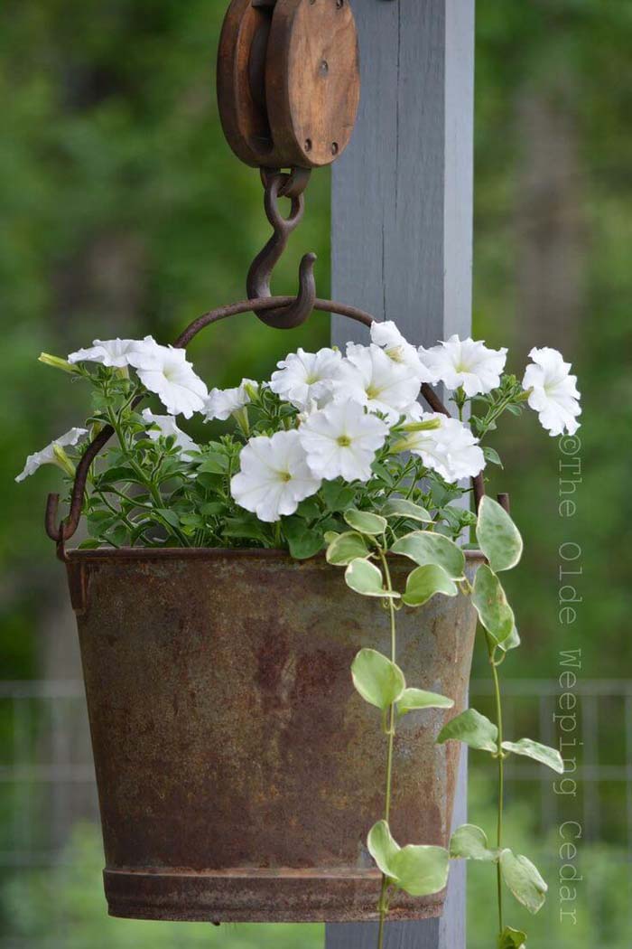 Antique Metal Bucket Hanging Basket #vintage #garden #decoration #decorhomeideas