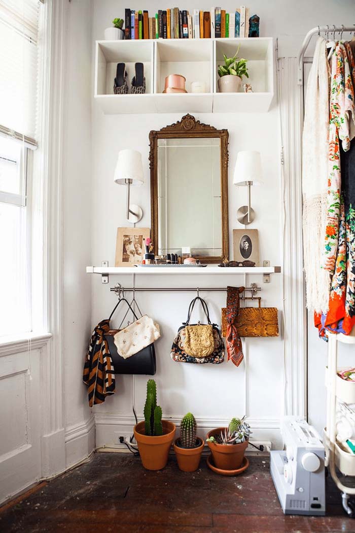 Antique Mirror Hangs Above Suspended Vanity Table #small #entryway #decor #decorhomeideas