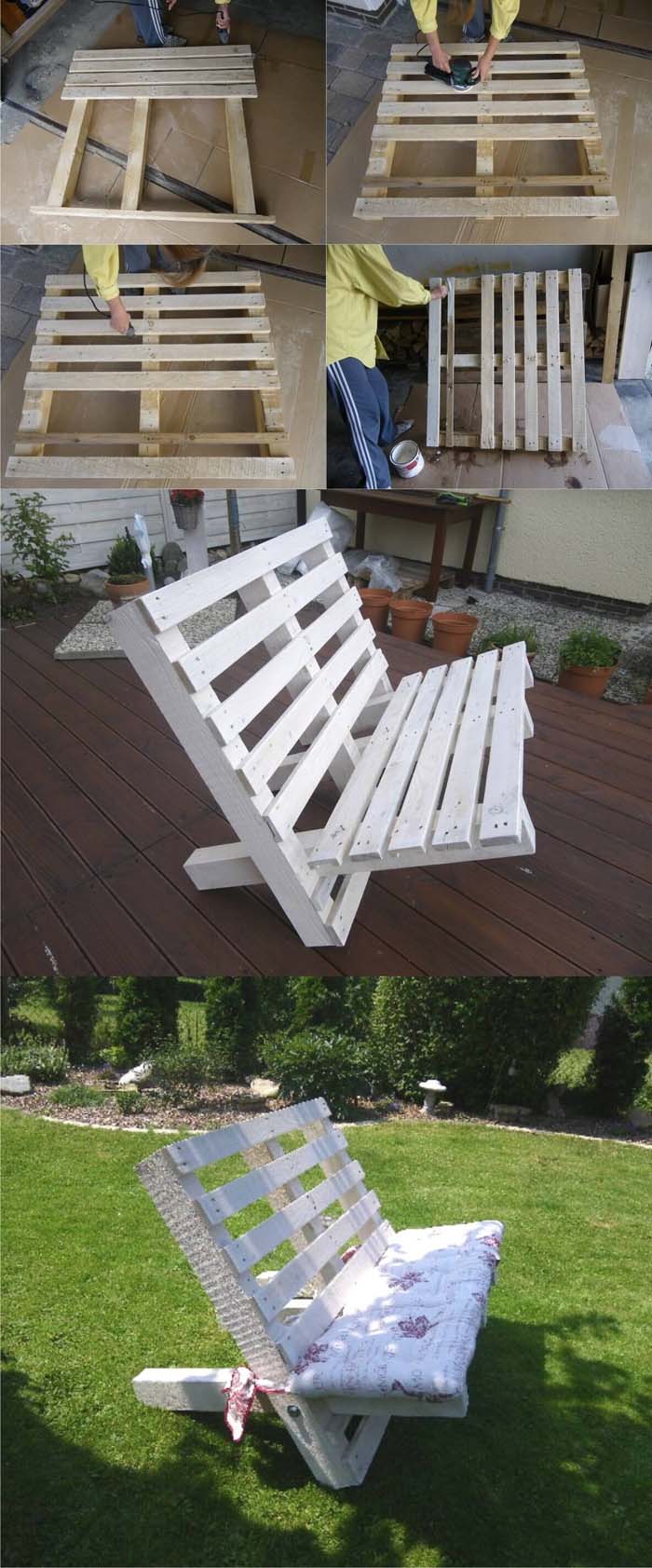 A White Bench Created From Two Pallets #pallet #garden #furniture #decorhomeideas