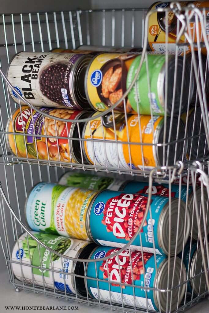 Cans in Stacking Baskets #pantry #storage #organization #decorhomeideas