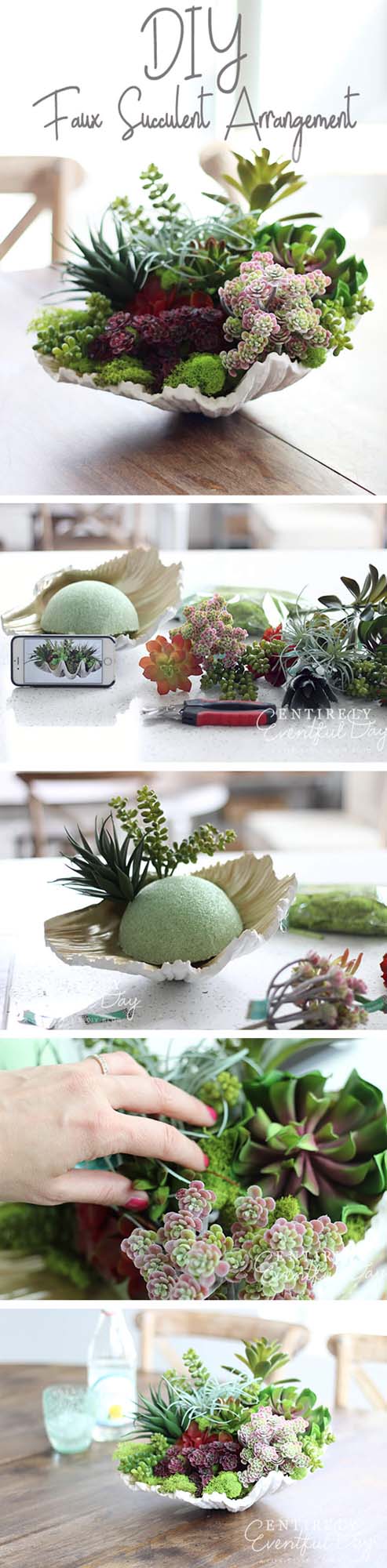 DIY Faux Succulent Garden in Sea Shell #diy #seashell #decor #decorhomeideas