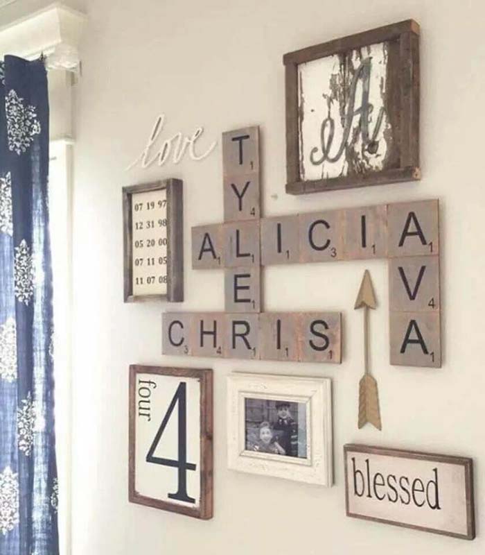 Jumbo Scrabble Tiles Create Visual Interest #wall #gallery #decor #decorhomeideas