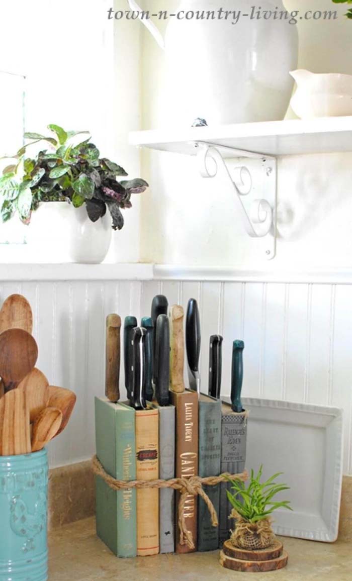 DIY Knife Holder Made Of Old Books #farmhouse #vintage #storage #decorhomeideas