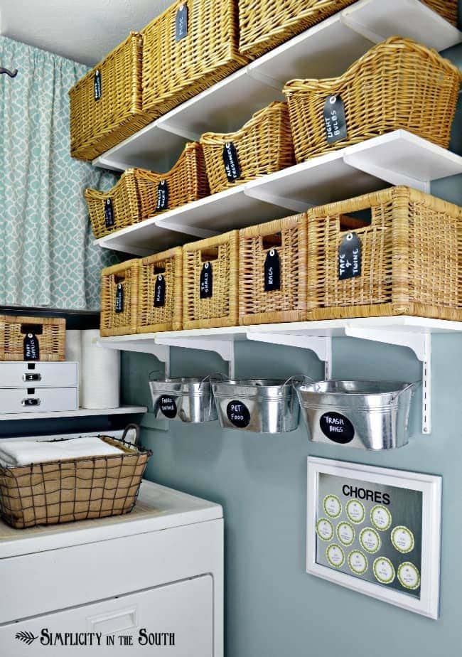 Open Shelf Laundry Storage with Baskets #laundry #vintage #decor #decorhomeideas