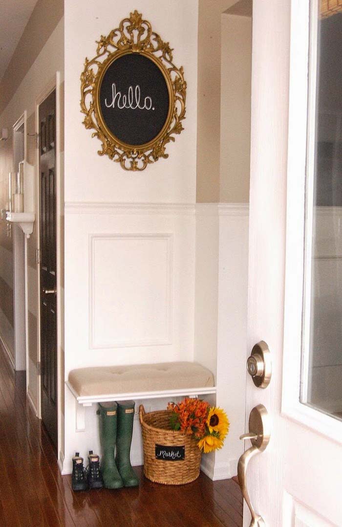 Ornate Message Board Above Cushioned Shelf Bench