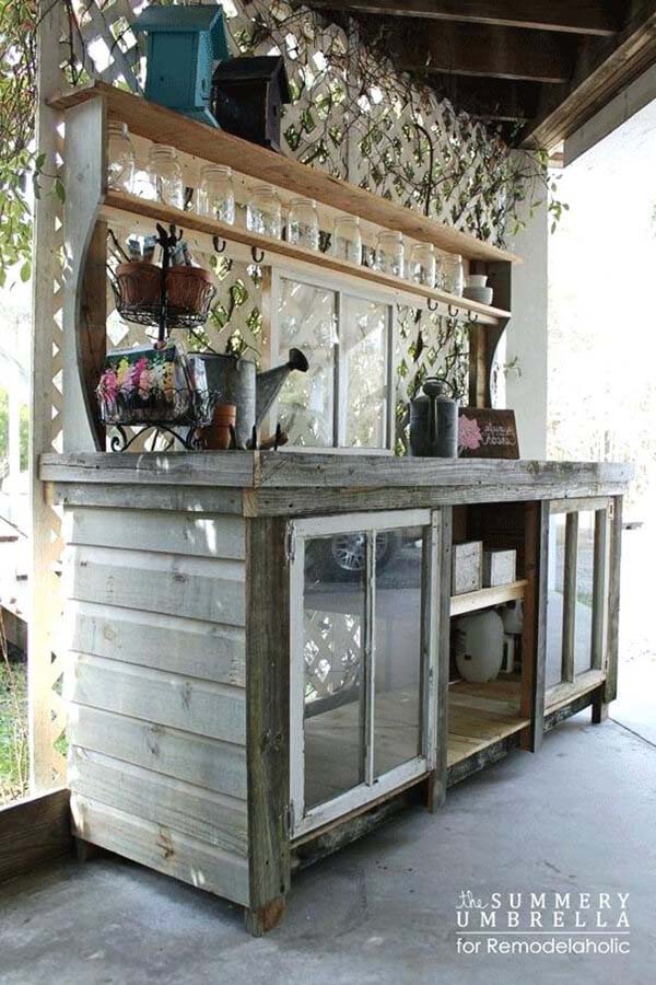 Potting Bench with Window Accents #old #window #garden #decorhomeideas