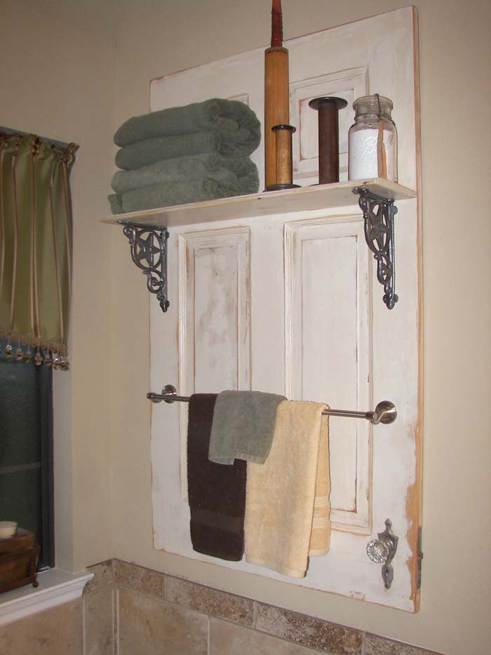 Powder Room Towel Rack and Display #repurpose #cabinet #door #decorhomeideas