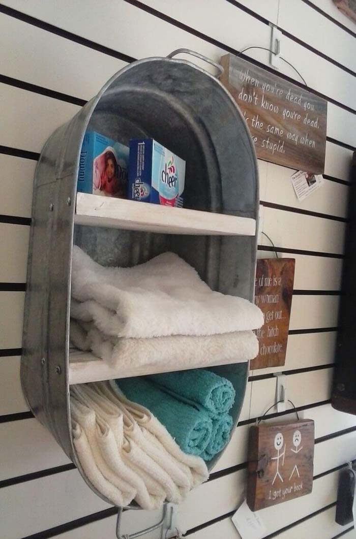 Repurposed Wash Tub Shelving Unit #laundry #vintage #decor #decorhomeideas