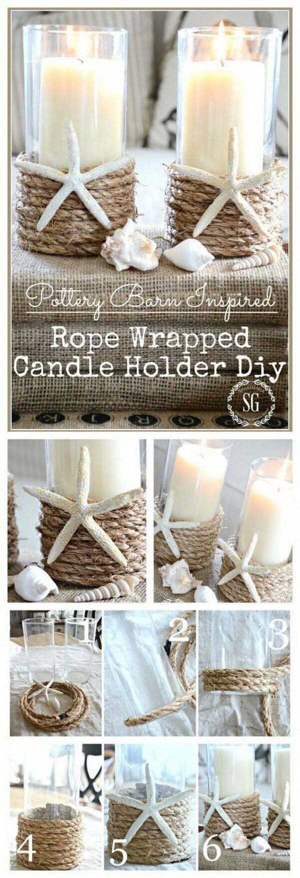 Rope Wrapped Candleholder #diy #seashell #decor #decorhomeideas