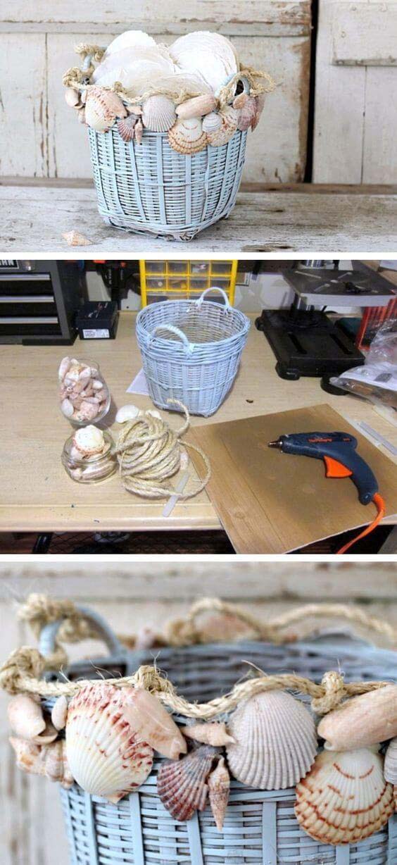 DIY Seashell Basket Planter Idea #diy #seashell #decor #decorhomeideas