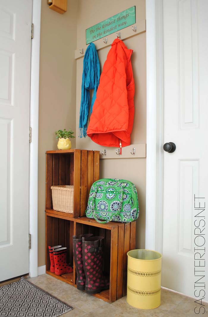 Stacked Crates Create Shelf Space in Tight Corner #small #entryway #decor #decorhomeideas