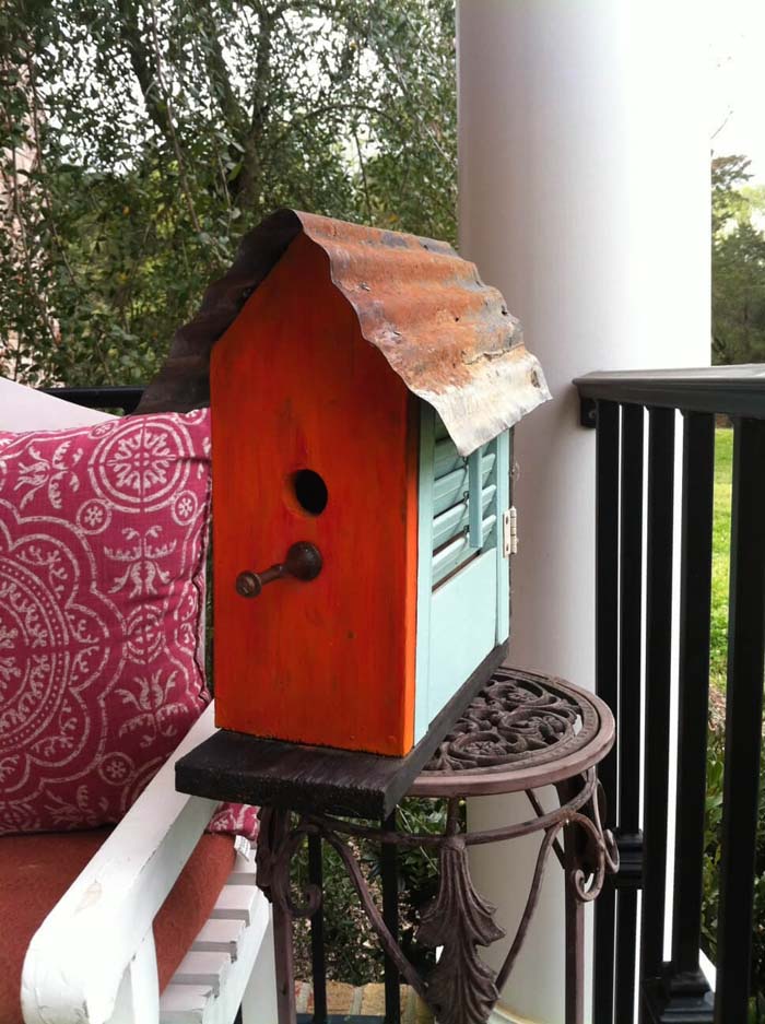 Tangerine Birdhouse with Teal Shutters #shutter #repurpose #decor #decorhomeideas