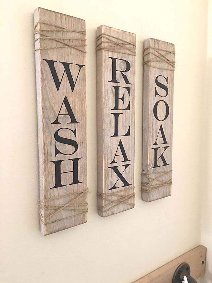 Three Part Bathroom Sign with Twine #farmhouse #sign #decorhomeideas