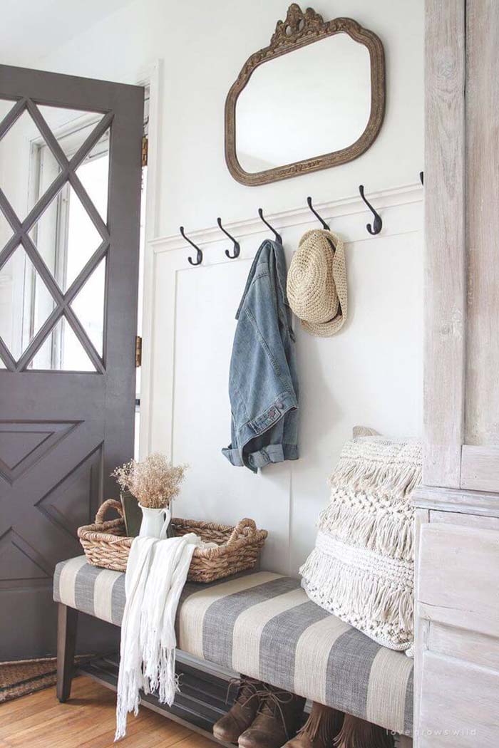 Wall Hooks on White and Gray-Striped Bench #small #entryway #decor #decorhomeideas