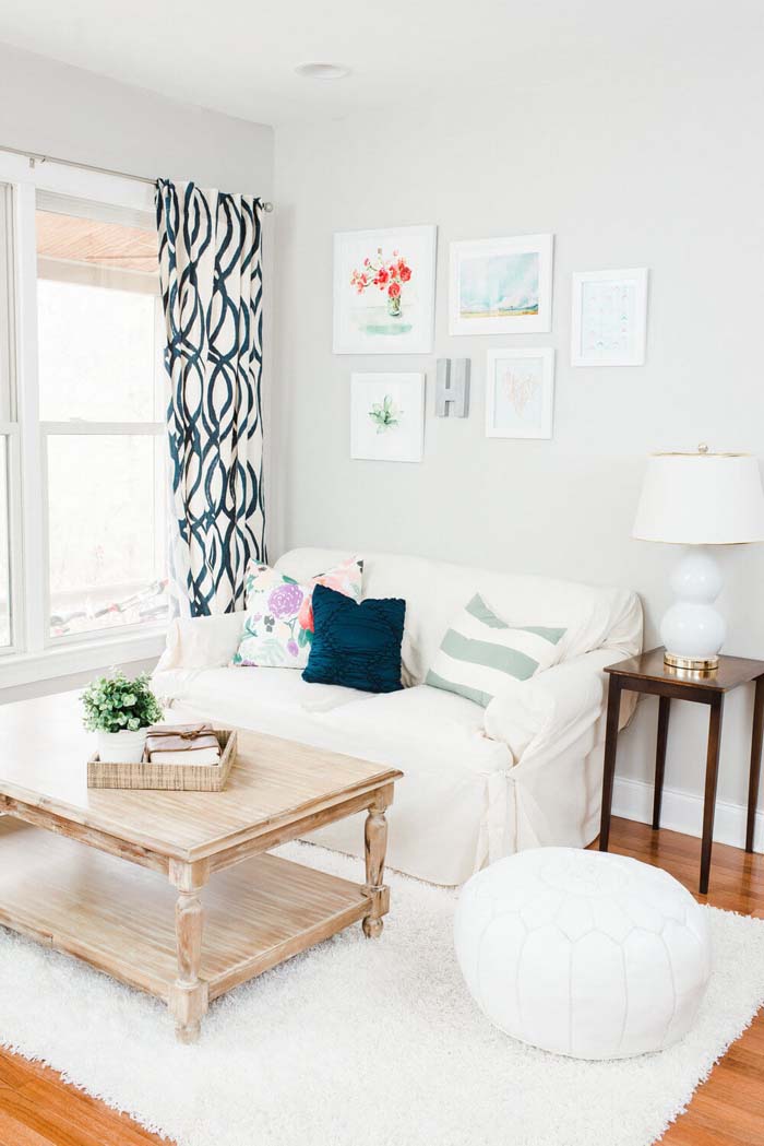 White on White with Patterned Curtains #livingroom #design #decorhomeideas