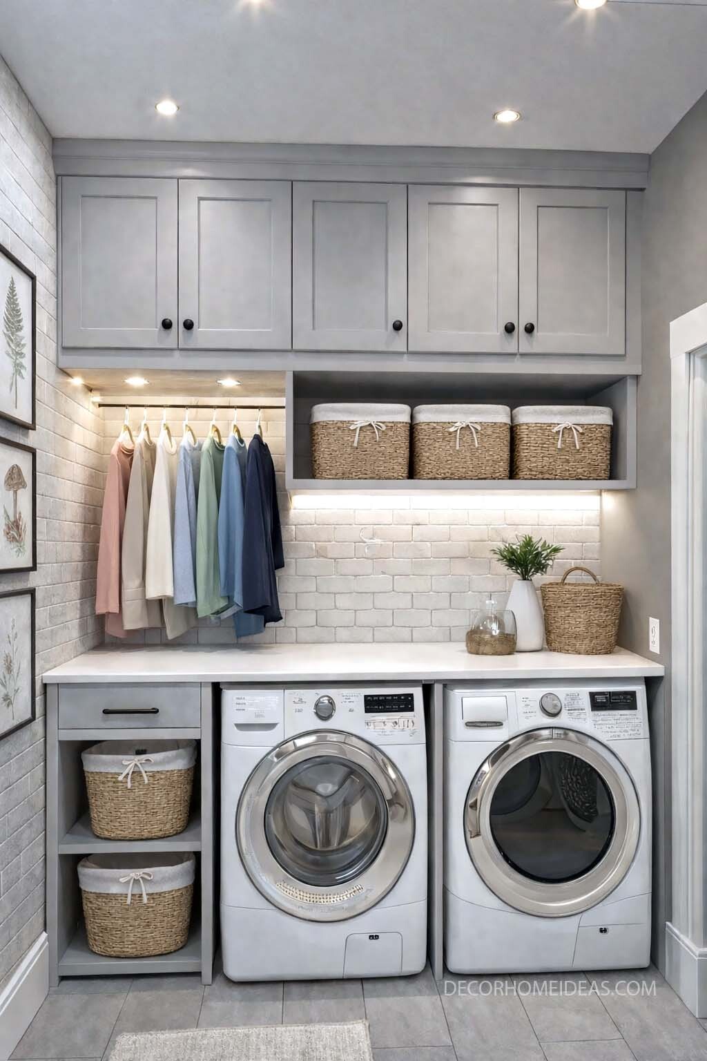 Neutral Modern Laundry Room with Smart Storage and Hanging Space