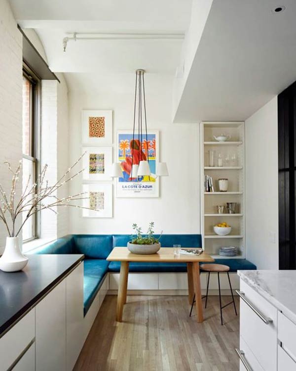 Brilliant Teal Upholstery Pops in a White Kitchen #kitchen #bench #decorhomeideas