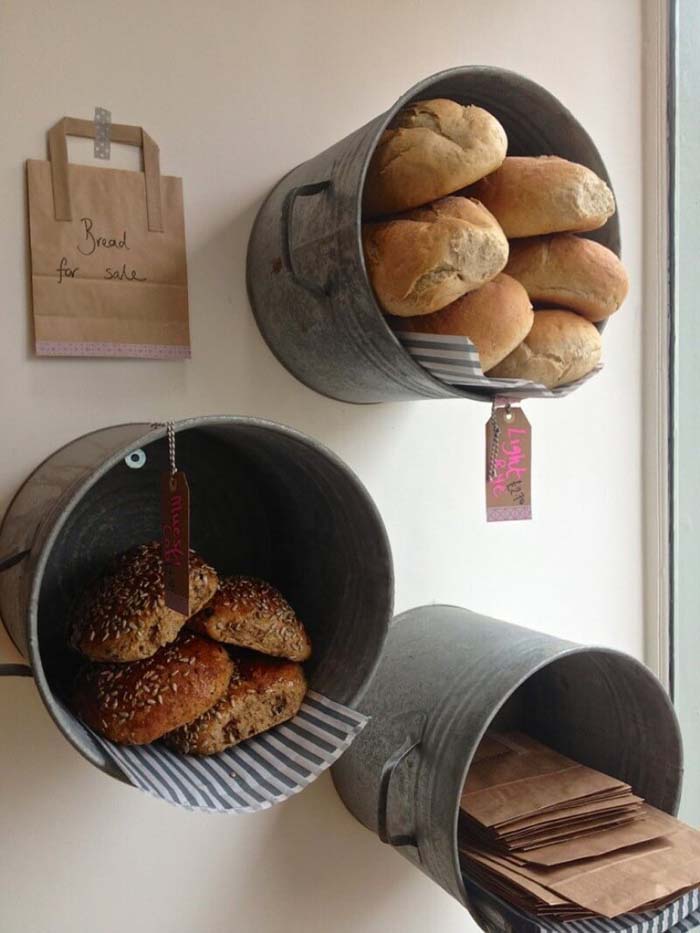 Buckets Make Great Kitchen and Store Organizers #galvanized #tub #bucket #decorhomeideas