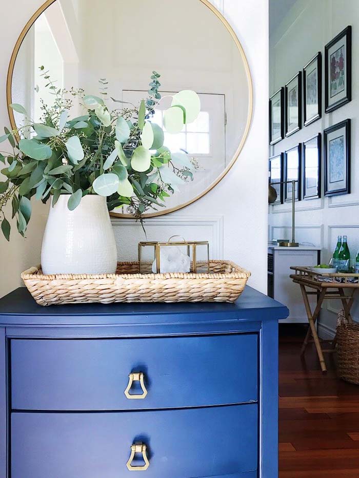 Cheerful Perriwinkle Entryway Chest with Green Spray #farmhouse #entryway #decor #decorhomeideas