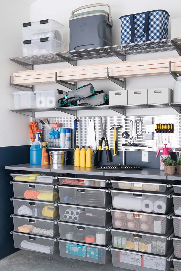 Clear Totes, a Workspace, and Extra Storage #garage #organization #declutter #decorhomeideas