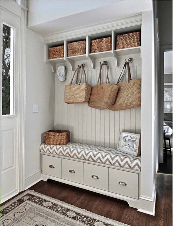 Clever Space Usage And Rattan Accents #storage #mudroom #organization #decorhomeideas