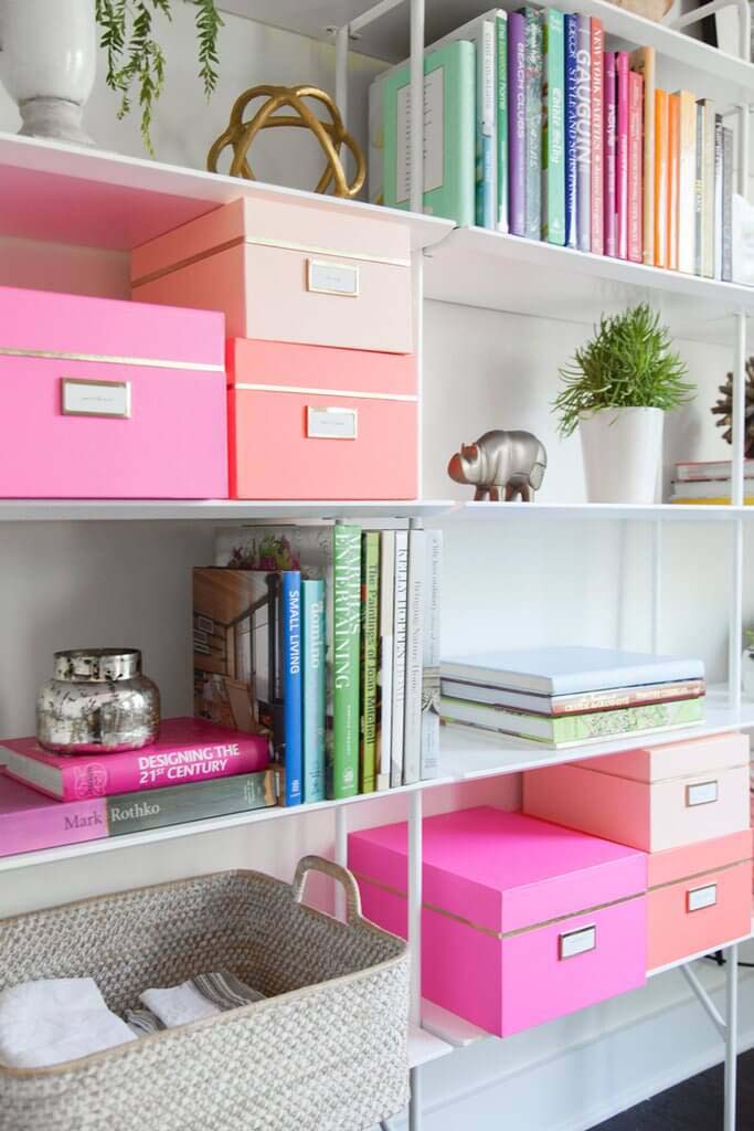 Color Coordinated Storage Boxes On A Bookshelf #bedroom #storage #organization #decorhomeideas