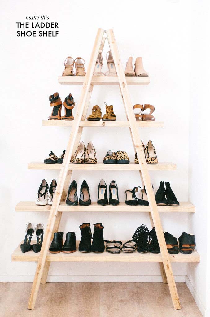 DIY Ladder Shoe Shelf #bedroom #storage #organization #decorhomeideas