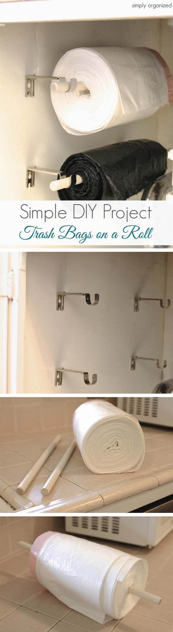 DIY Wall-Mounted Trash Bag Rollers #dollarstore #storage #organization #decorhomeideas