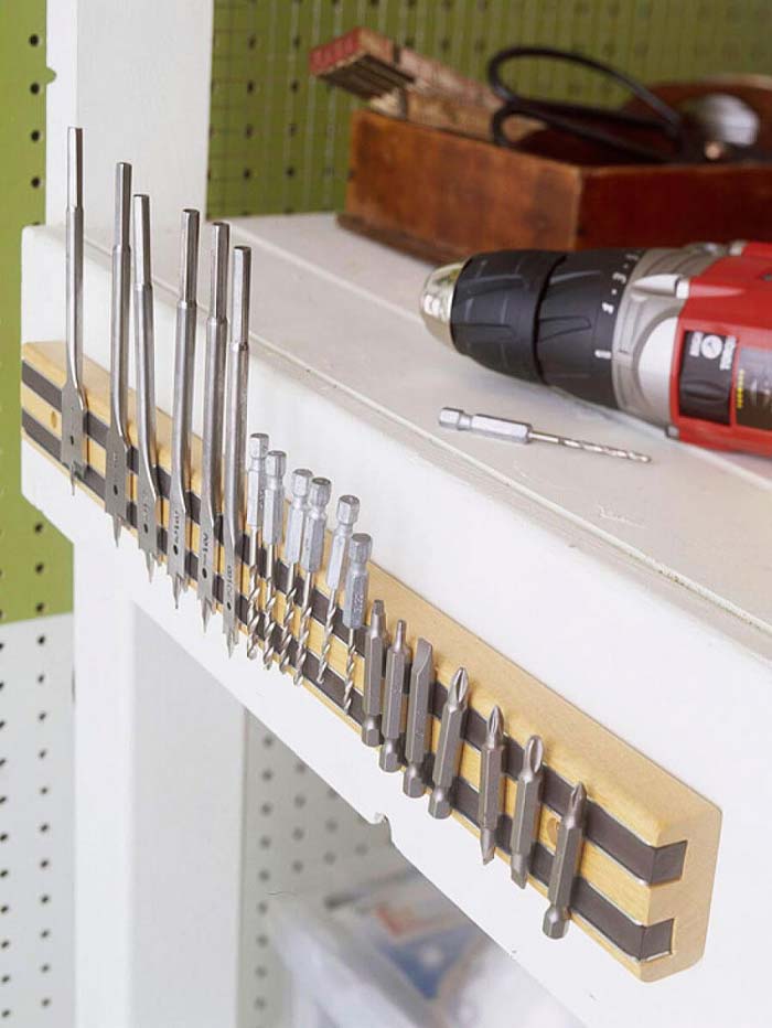 Easy Shelf-Side Magnetic Bit Organizer #garage #organization #declutter #decorhomeideas