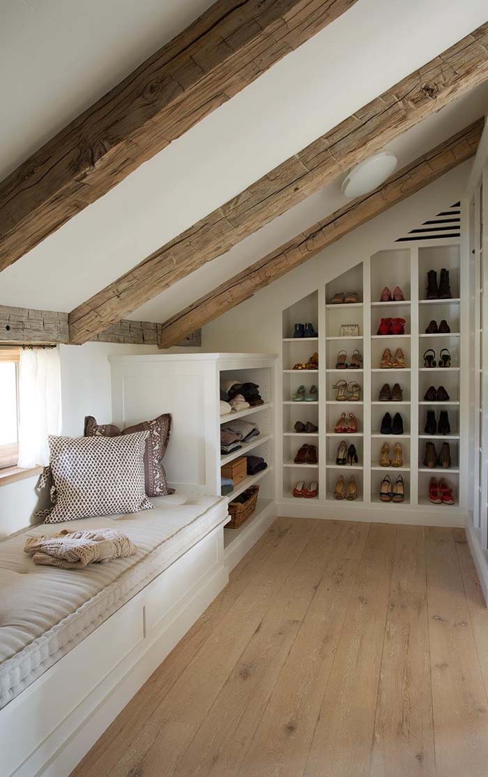 Exposed Beams and Exposed Shoes #spacesaving #storage #organization #decorhomeideas