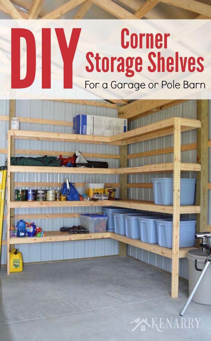 DIY Corner Storage Shelves #garage #organization #declutter #decorhomeideas