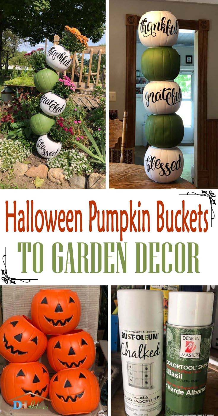 Halloween Pumpkin Buckets To Garden Decor Idea. How to make easy and inexpensive garden decoration with halloween pumpkin buckets with spray paint and stencils. #decorhomeideas