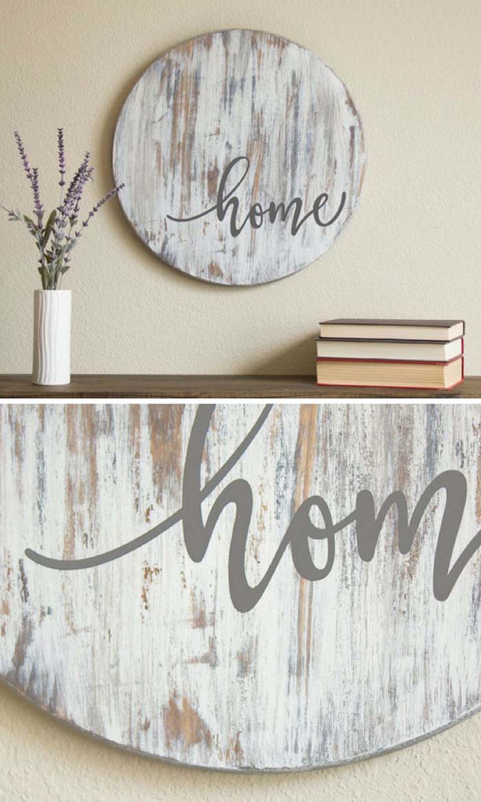 Home Sign on Distressed Wood Circle #rustic #livingroom #walldecor #decorhomeideas