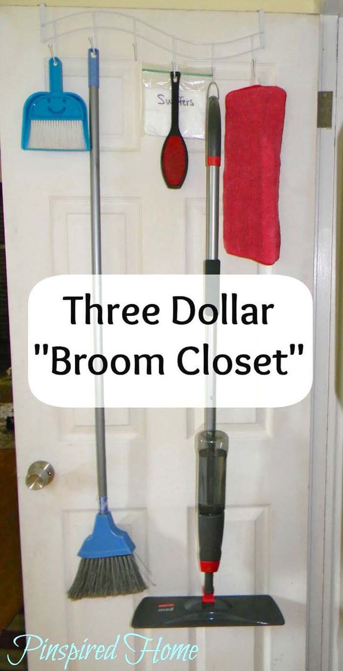 Instant in-the-door Broom Closet Idea #dollarstore #storage #organization #decorhomeideas