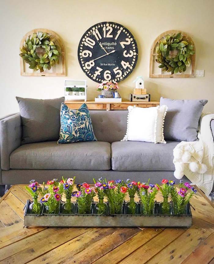 Large Clock with Windows and Wreaths #rustic #livingroom #walldecor #decorhomeideas