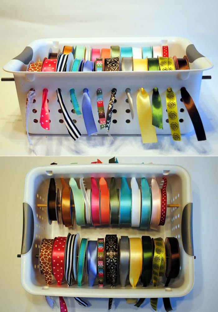 Laundry Basket Ribbon Dispenser #dollarstore #storage #organization #decorhomeideas