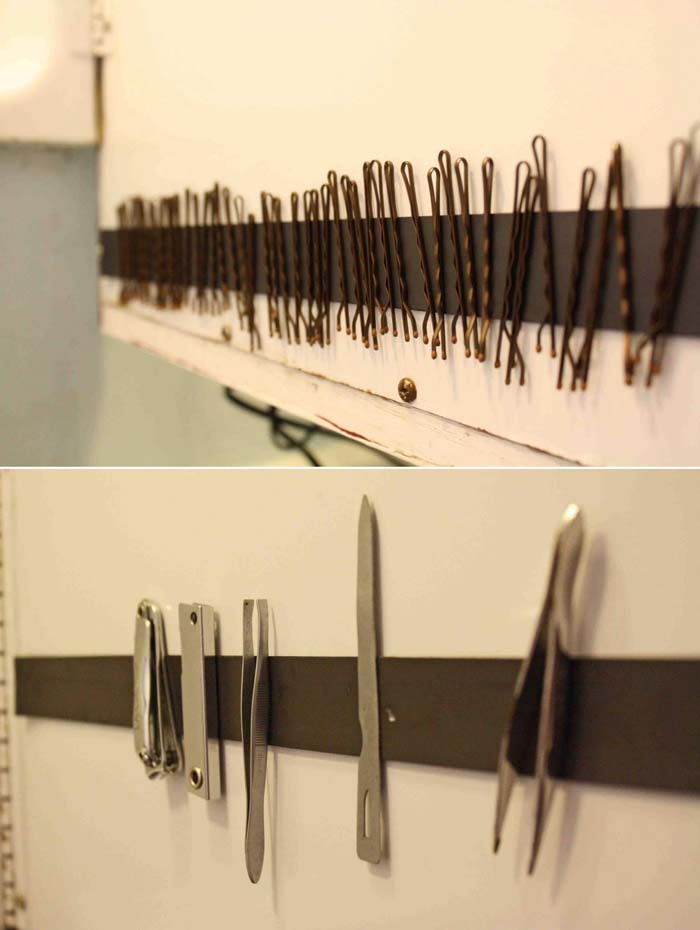 Magnetic Strips for Small Bathroom Tools #dollarstore #storage #organization #decorhomeideas