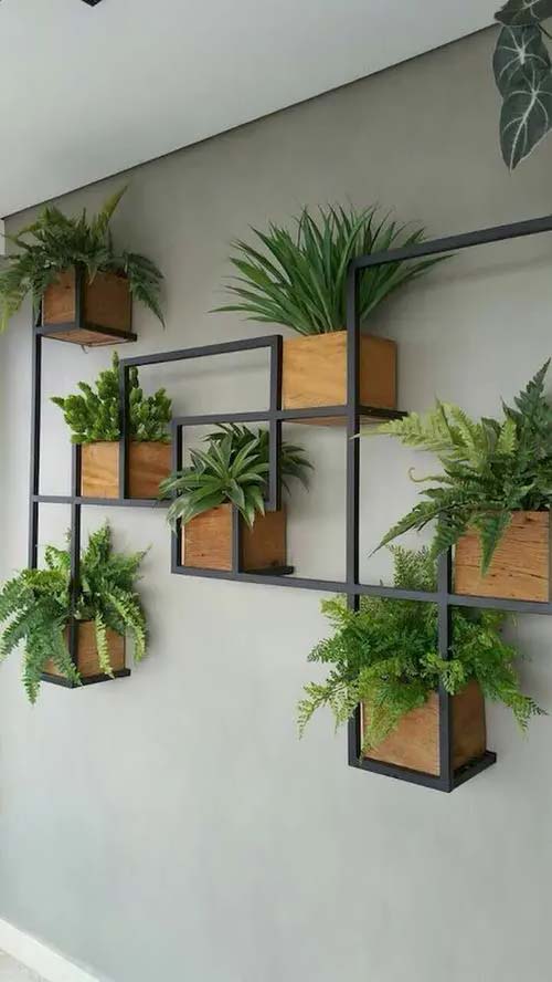 Metal Open-Frame Shelves and Wooden Planters #houseplant #wall #decor #decorhomeideas