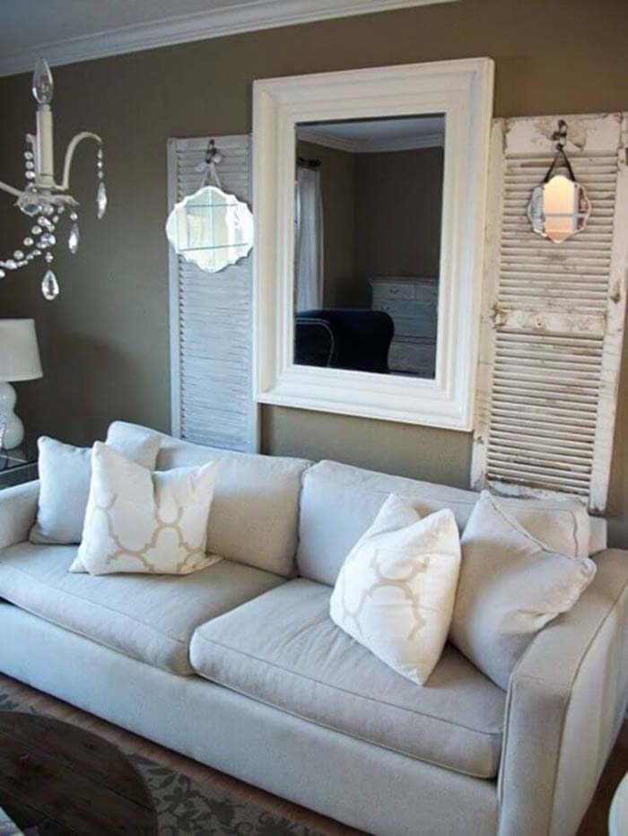 Old Shutters with Small Mismatched Mirrors #rustic #livingroom #walldecor #decorhomeideas