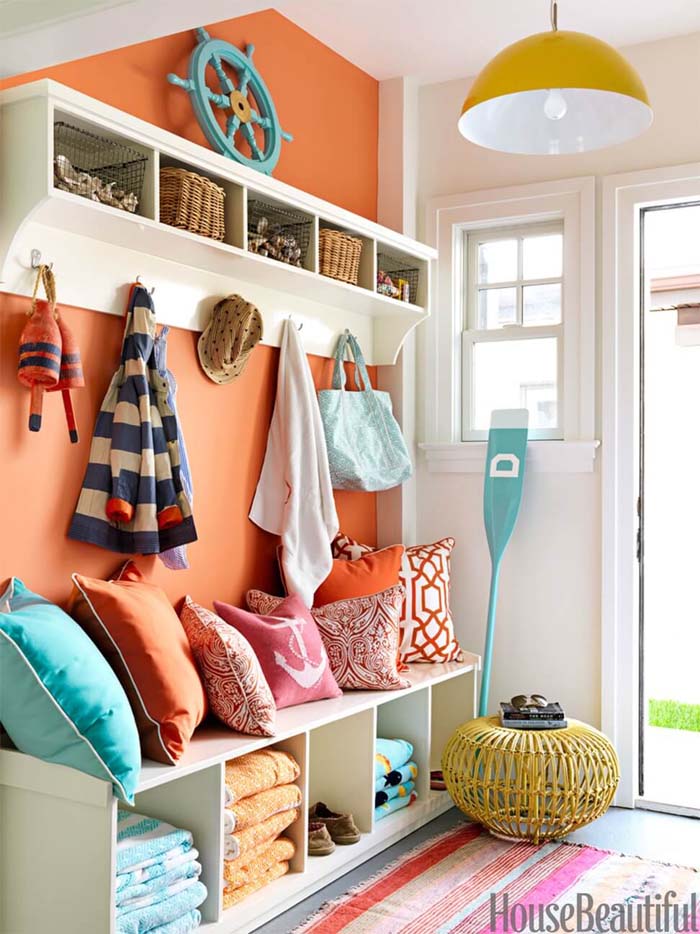 Orange Accent Wall #storage #mudroom #organization #decorhomeideas