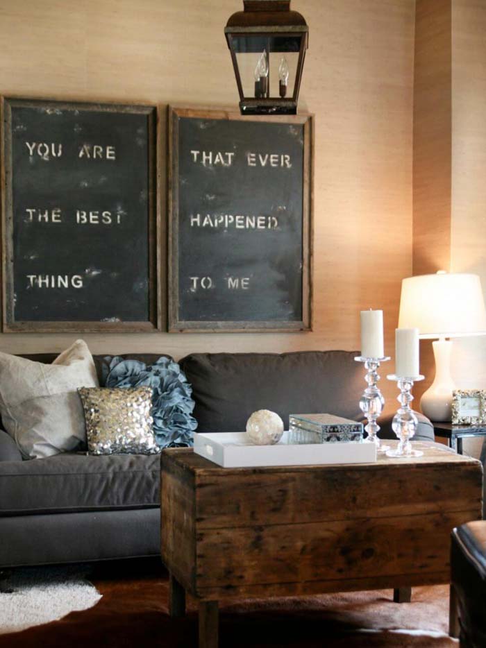 Oversized Stenciled Signs Over the Sofa #rustic #livingroom #walldecor #decorhomeideas