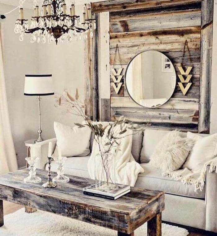 Pallet Inspired Wooden Hanging with Mirror #rustic #livingroom #walldecor #decorhomeideas