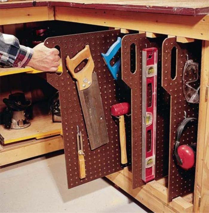 Pull and Stow Pegboard Tool Mounts #garage #organization #declutter #decorhomeideas