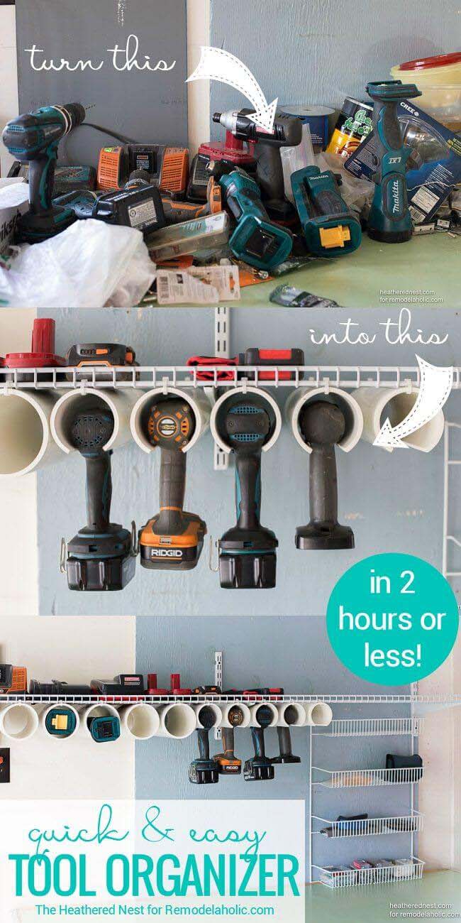 PVC Pipe Power Tool Caddy #garage #organization #declutter #decorhomeideas