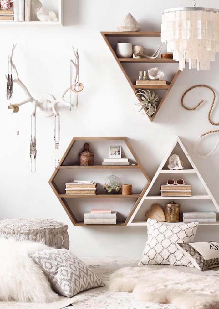 Set Of Wooden Rustic Geometric Wall Shelves #bedroom #storage #organization #decorhomeideas
