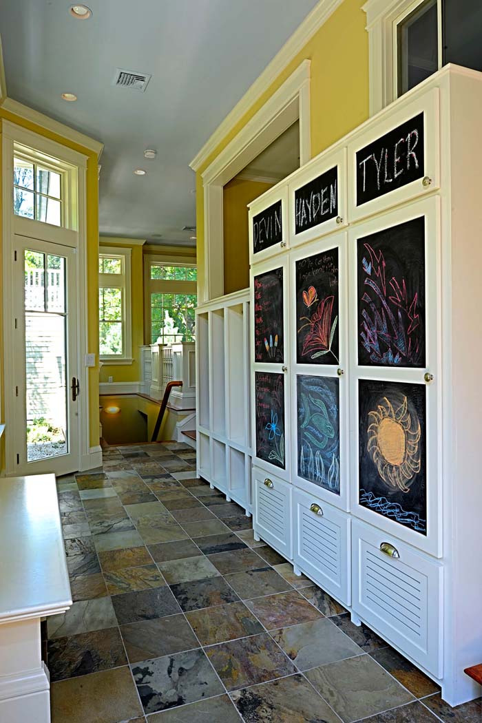 Tile Floor And Personalized Closets #storage #mudroom #organization #decorhomeideas