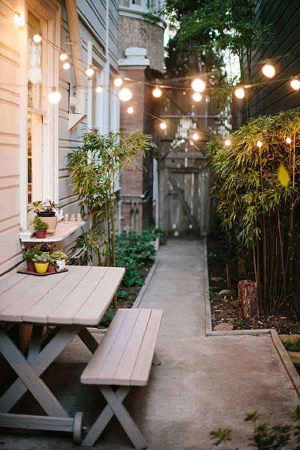 Tiny Dining Area with Large Globe Lights #stringlight #garden #yard #decorhomeideas