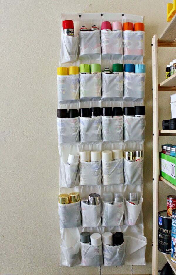 Wall-Hanging Paint Can Pocket Display #garage #organization #declutter #decorhomeideas