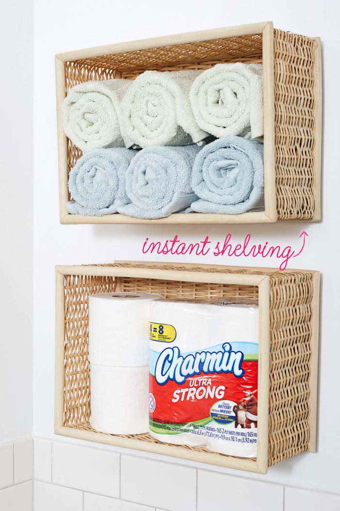 Wall-Mounted Bathroom Basket Shelves #dollarstore #storage #organization #decorhomeideas