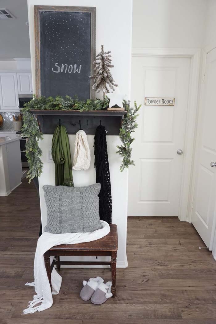 Wintery Corner with Chalkboard and Evergreen Garlands #farmhouse #entryway #decor #decorhomeideas